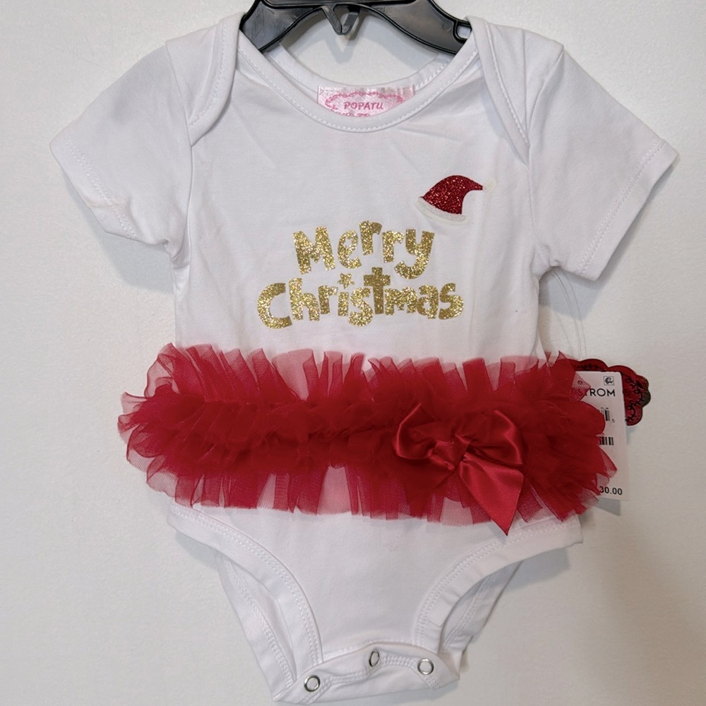 New Popatu Baby Girl Size 12 months Christmas onesie with tulle skirt